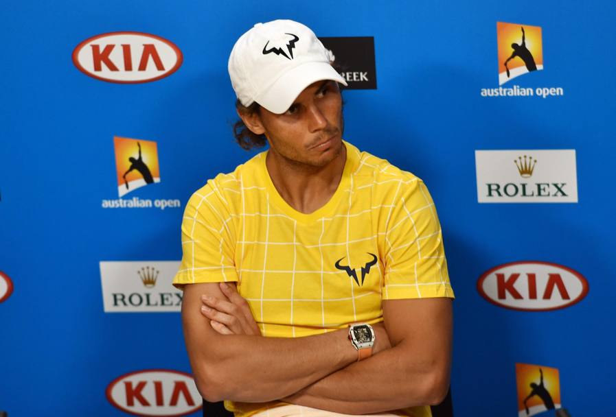 Rafa Nadal in conferenza stampa, dopo la precoce eliminazione dall&#39;Australian Open. Epa